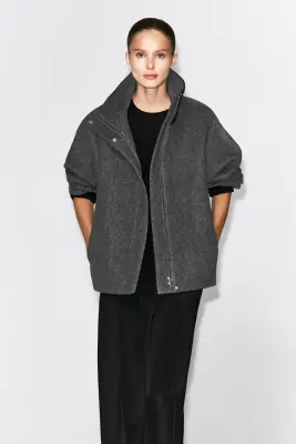 VESTE OVERSIZE EN LAINE À CHEVRONS ET COL EN CUIR - NOIR / CHEVRONS — photo 2