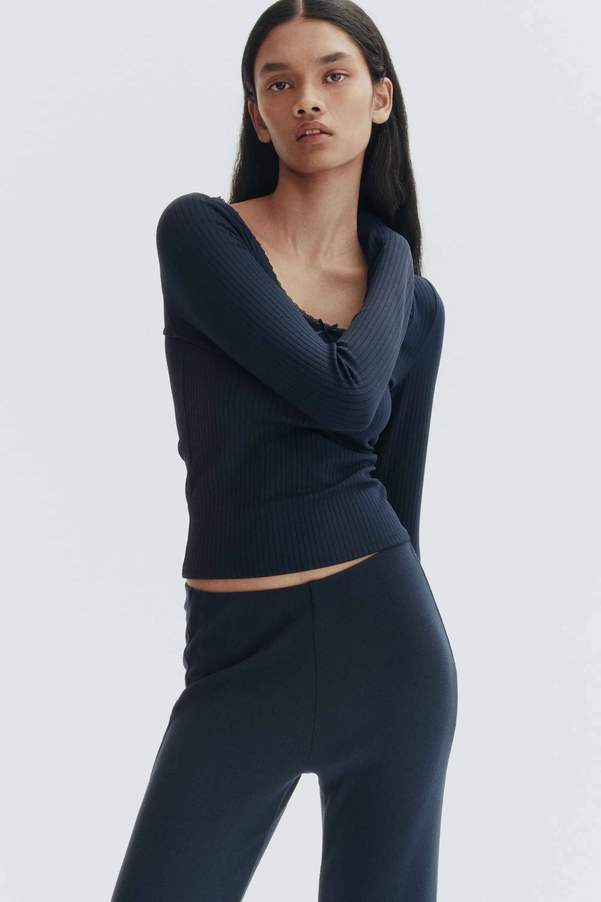 Flared fine-knit trousers - Bleu marine