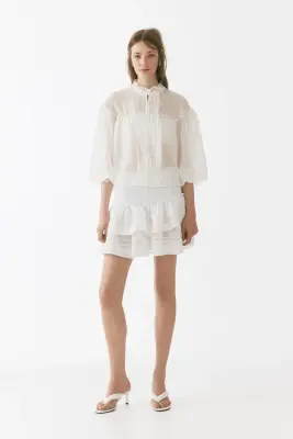 Frill-trimmed balloon-sleeved blouse - Blanc — photo 1