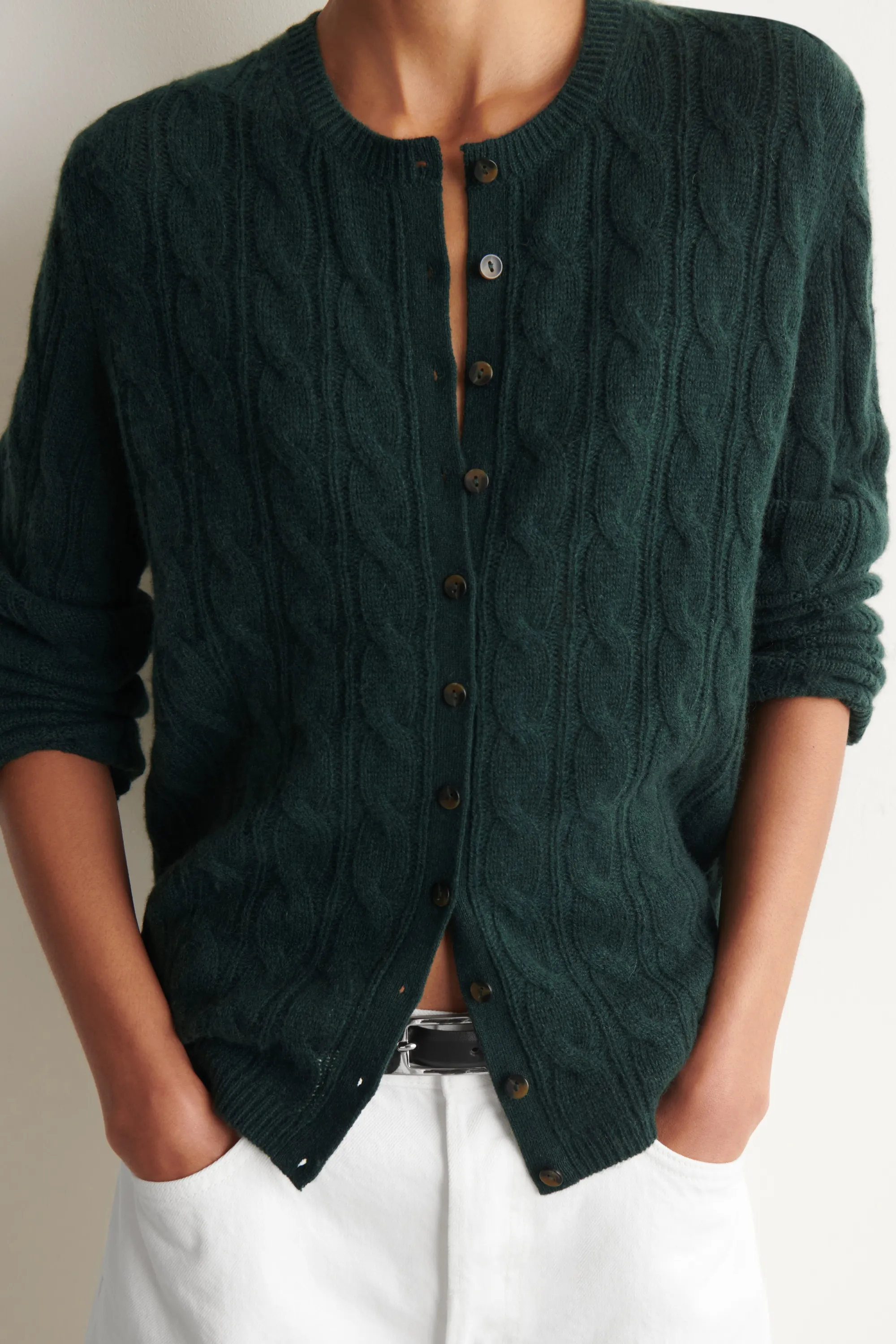 CARDIGAN EN MAILLE TORSADÉE DE PUR CACHEMIRE - VERT FONCÉ