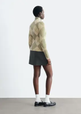 Cardigan zippé en mélange de coton et de laine - Beige/Vert/À carreaux — photo 5