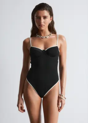 Maillot de bain côtelé aux bordures contrastées - Noir/Blanc — photo 2