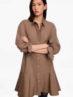 Robe-chemise péplum en coton - Taupe foncé — photo 3