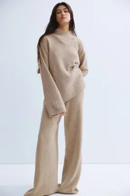 Pull à encolure en V en laine mélangée - Beige chiné — photo 1