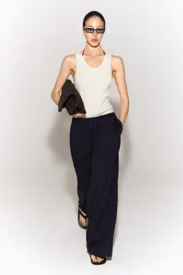 PANTALON LARGE TAILLE AJUSTABLE EN LIN - BLEU MARINE — photo 5