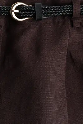 Pantalon en lin mélangé avec ceinture - Marron foncé — photo 2