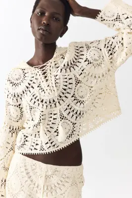 Hoodie façon crochet avec laçage - Crème — photo 1