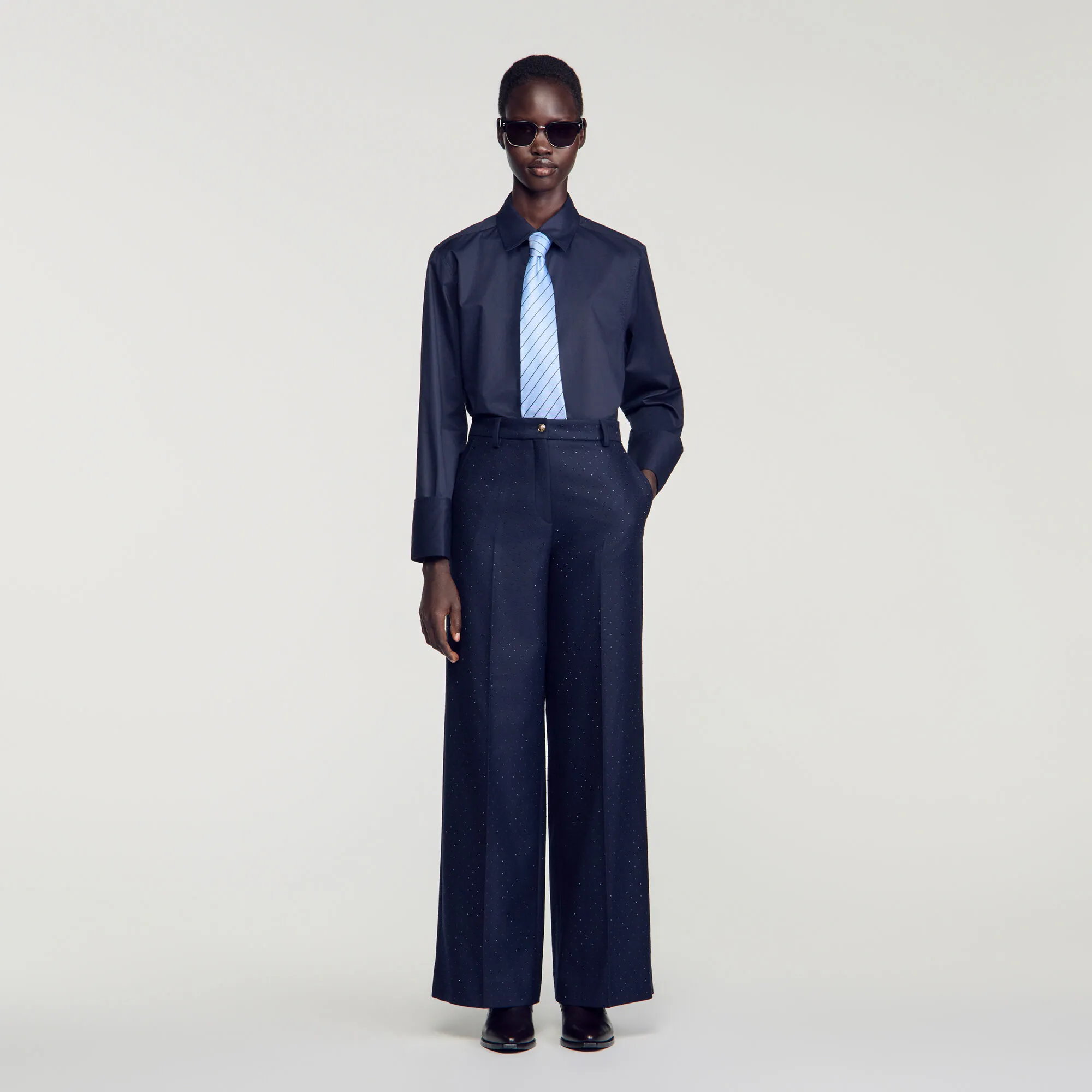 Pantalon droit strassé en laine