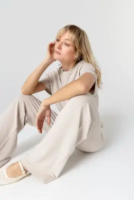 Sweat Beige Col Rond Manches Courtes en Viscose / Elasthanne — photo 5