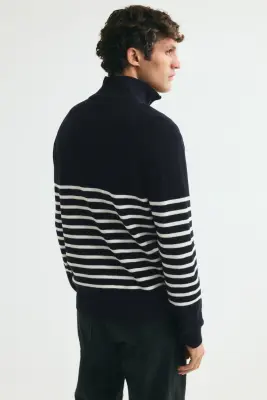 Pull Regular Fit avec col zippé - Bleu marine/rayé — photo 2