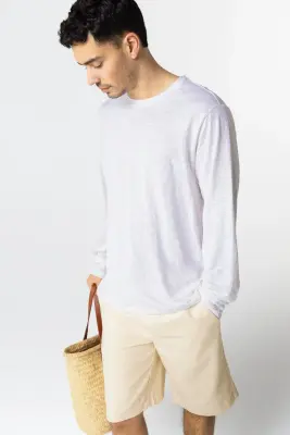 T-shirt Blanc Col Rond Manches Longues en Lin / Elasthanne — photo 5