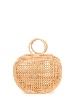 Sac panier en rotin tressé style seventies beige camel et poignées rondes — photo 5