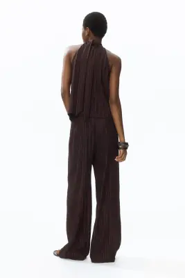 Pantalon froissé avec taille élastique - Marron foncé — photo 2