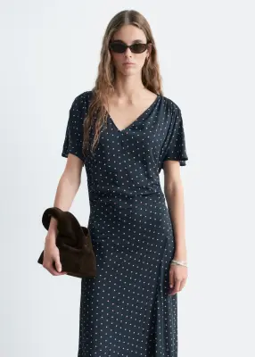 Robe froncée à col en V - Bleu foncé/À pois — photo 2