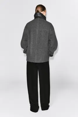 VESTE OVERSIZE EN LAINE À CHEVRONS ET COL EN CUIR - NOIR / CHEVRONS — photo 4