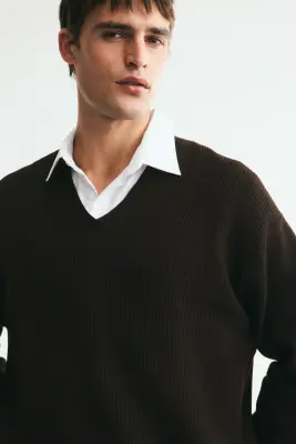 Pull Relaxed Fit en maille côtelée - Marron foncé — photo 2