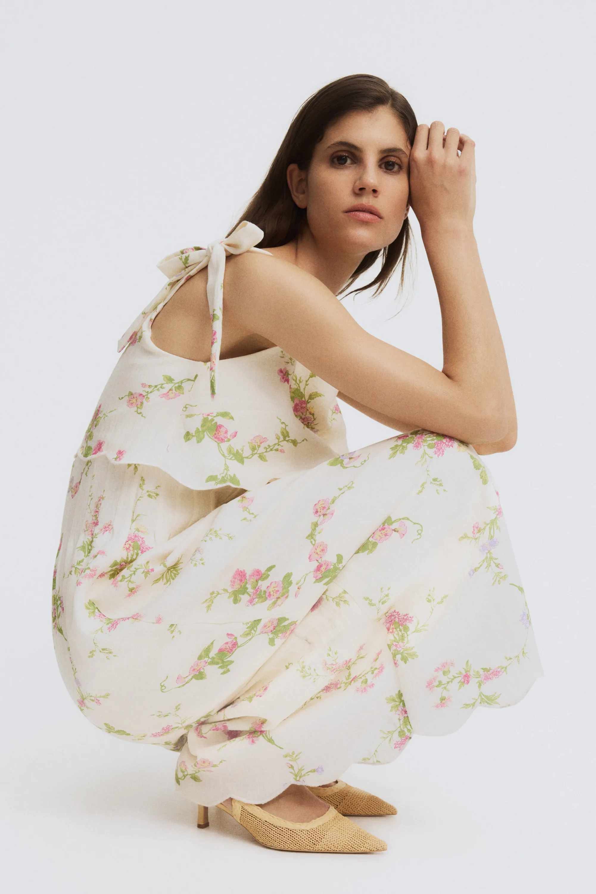 MAMA Robe d'allaitement avec bretelles à nouer - Crème/fleuri