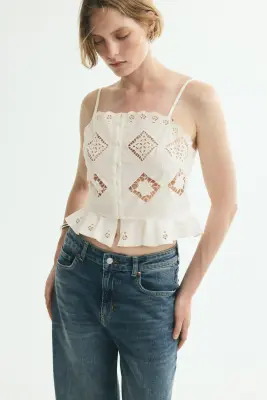 Top court avec broderie anglaise - Crème — photo 1