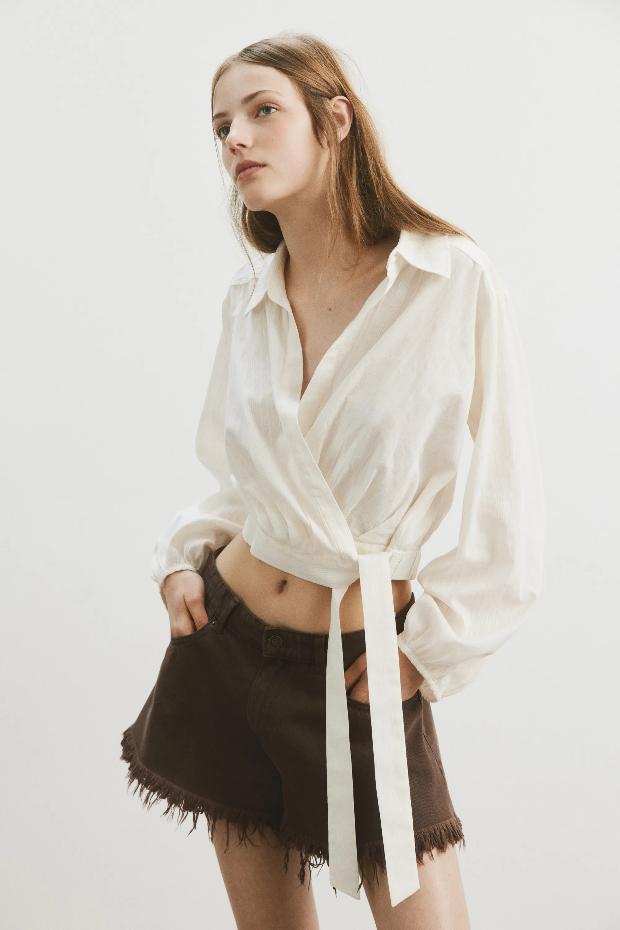 Short frangé en denim - Marron