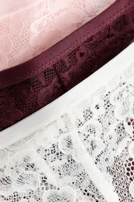 Lot de 3 strings Tanga en dentelle - Bordeaux/rose clair/blanc — photo 4
