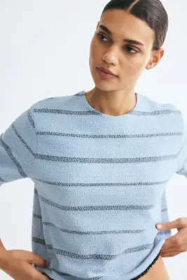 Top boxy à franges - Bleu clair/rayé — photo 2