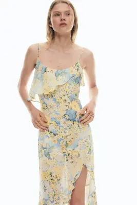 Robe volantée en mousseline avec écharpe - Jaune clair/fleuri — photo 3