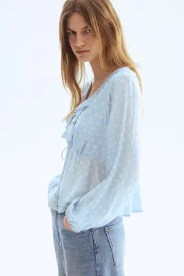 Blouse volantée - Bleu clair/pois — photo 3