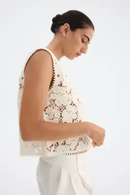 Veste sans manches façon crochet - Crème — photo 3