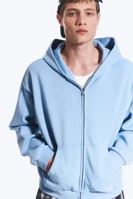 Sweat à capuche zippé ample - Bleu clair délavé — photo 3