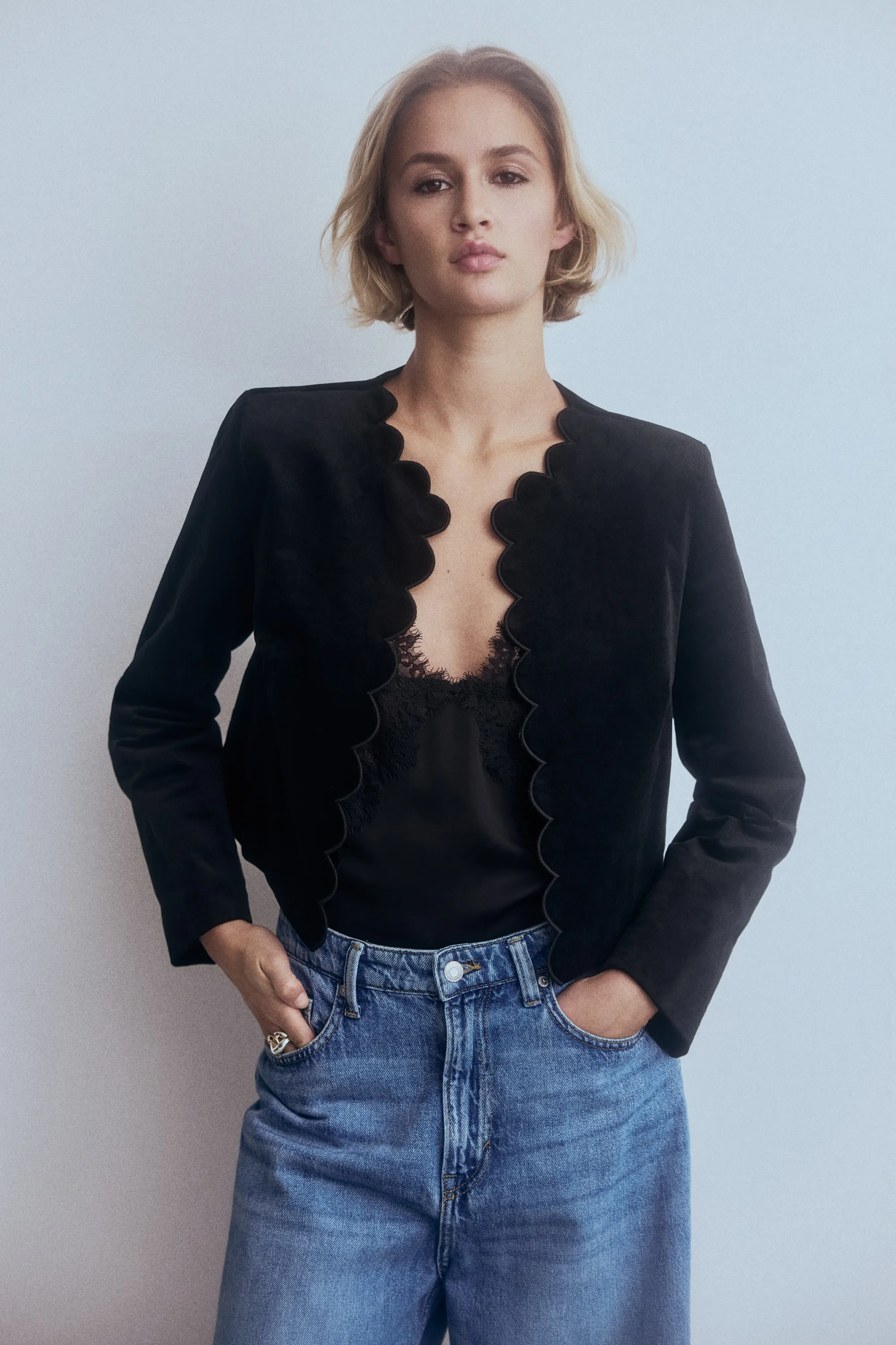 Veste en velours à bords festonnés - Noir