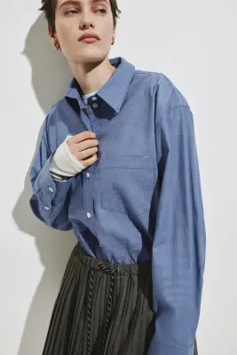 Chemise oversize en popeline de coton - Bleu/carreaux — photo 4