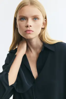 Chemise à manches longues en satin - Bleu foncé — photo 1