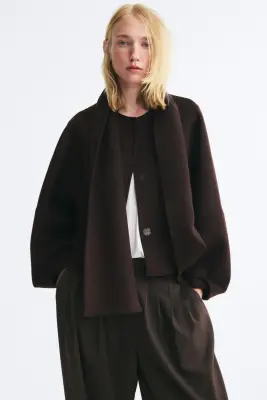 Veste en laine mélangée avec col écharpe - Marron foncé — photo 1