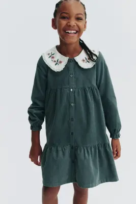 Cotton corduroy dress - Vert ancien/fleurs — photo 2