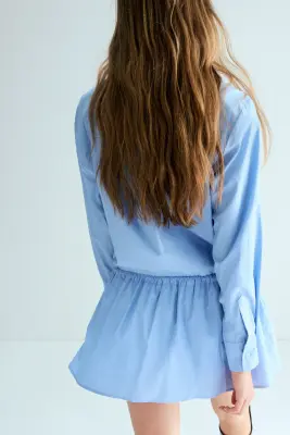 Robe chemise en popeline avec cordon de serrage - Bleu clair — photo 2