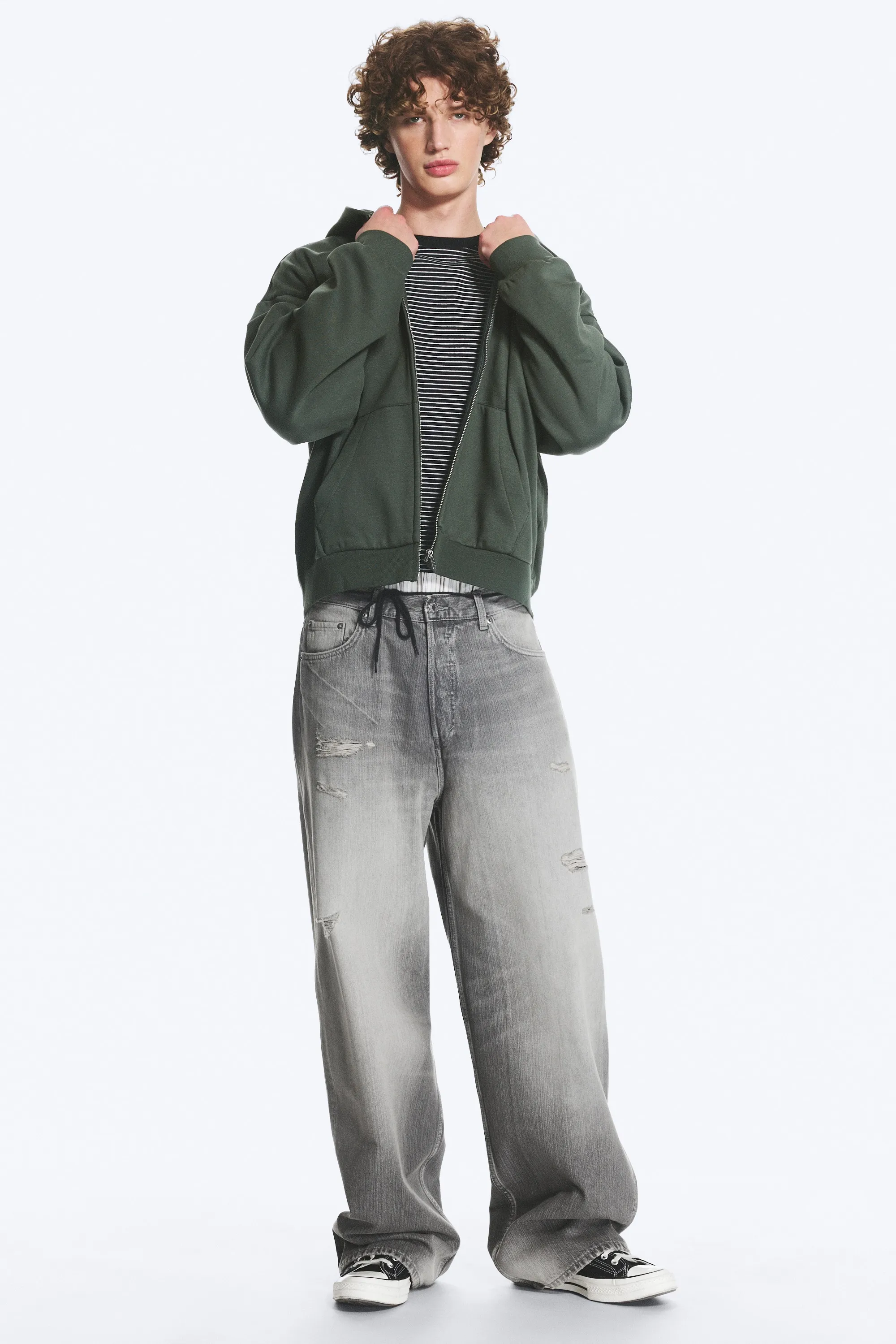 Sweat à capuche zippé ample - Vert foncé