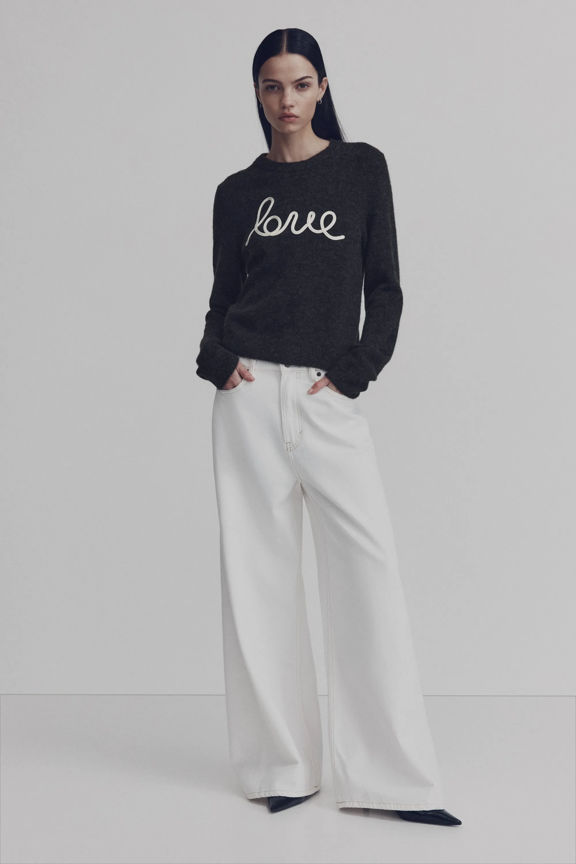 Pull avec application - Gris foncé chiné/Love