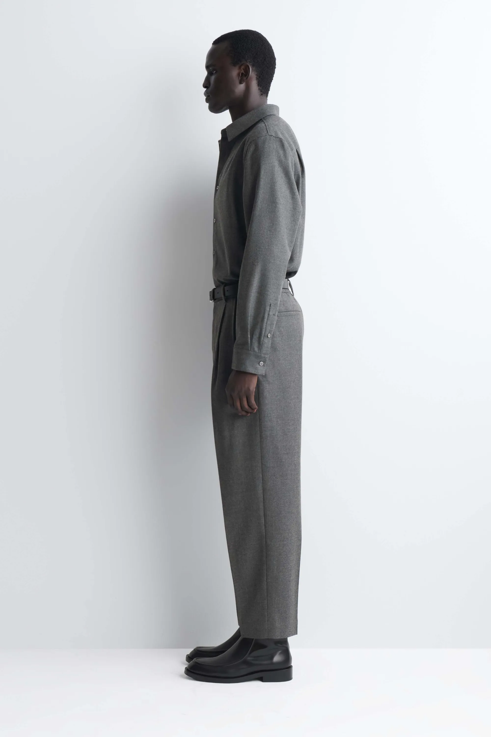 PANTALON À PLIS DROIT DÉCONTRACTÉ EN LAINE - GREY MÉLANGE