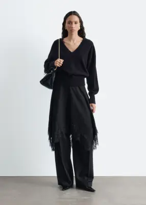 Pull à col en V côtelé en laine et en coton - Noir — photo 2