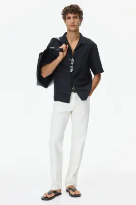 Chemise Relaxed Fit en lin mélangé avec col cubain - Noir — photo 2