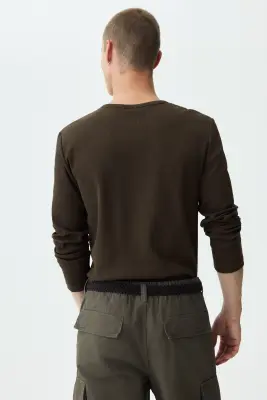 Chemise côtelée à col tunisien Slim Fit - Vert kaki foncé — photo 4