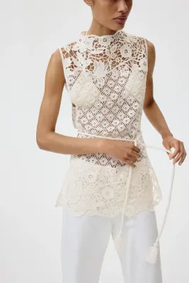 Top façon crochet avec ceinture à nouer - Crème — photo 1