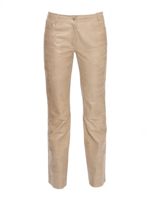 Pantalon en agneau embossé croco beige John Galliano FW 2005 Taille 36