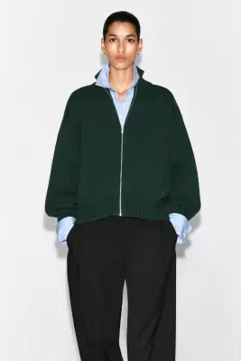 VESTE ZIPPÉE À COL CHEMINÉE EN LAINE - VERT FONCÉ — photo 2