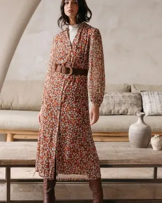 Robe midi imprimée fleurie boutonnée Dione Chocolat – Grace & Mila — photo 2