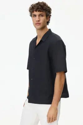 Chemise Relaxed Fit en lin mélangé avec col cubain - Noir — photo 4