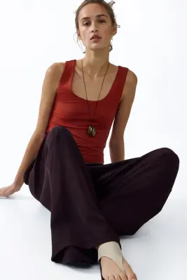 Pantalon large avec taille élastique - Marron foncé — photo 3