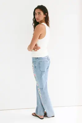 Straight Regular Waist Jeans - Bleu denim/fleuri — photo 3