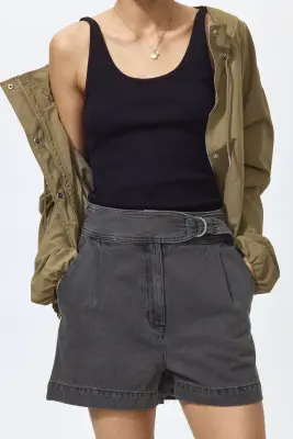 Short en denim avec ceinture - Gris foncé — photo 1