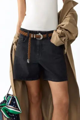 Short taille haute en denim - Gris foncé — photo 1